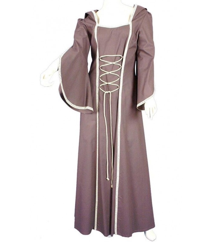 Vestido medieval marrón de algodón con capucha