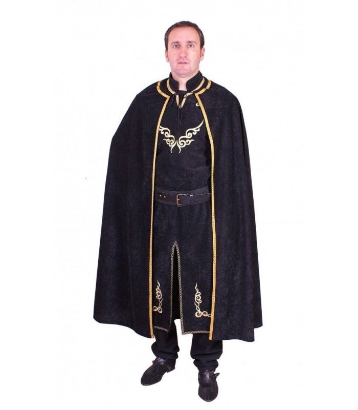 Capa medieval negra con bordado en dorado.