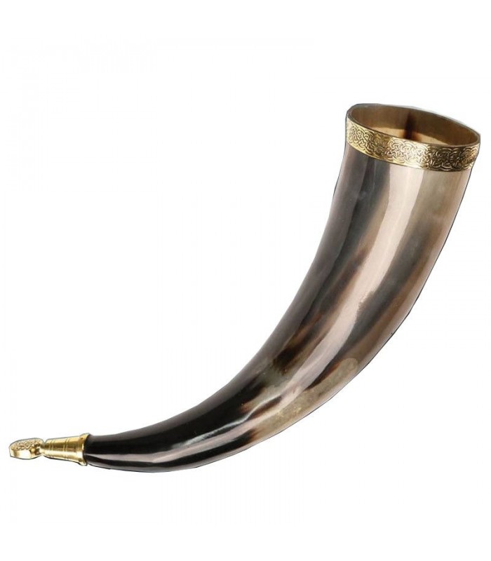 Cuerno vikingo decorado para beber de Rollo el Errante con soporte para el cinturón