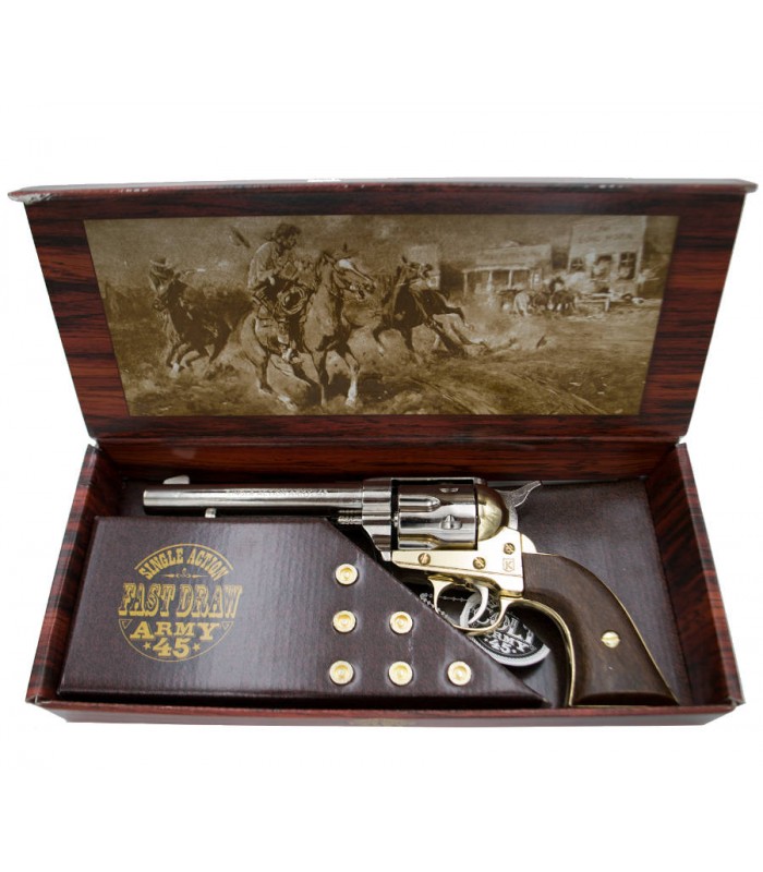 Réplica del Colt Peacemaker de Kolser acabado en nickel con caja y 6 balas en Cuernavilla.com